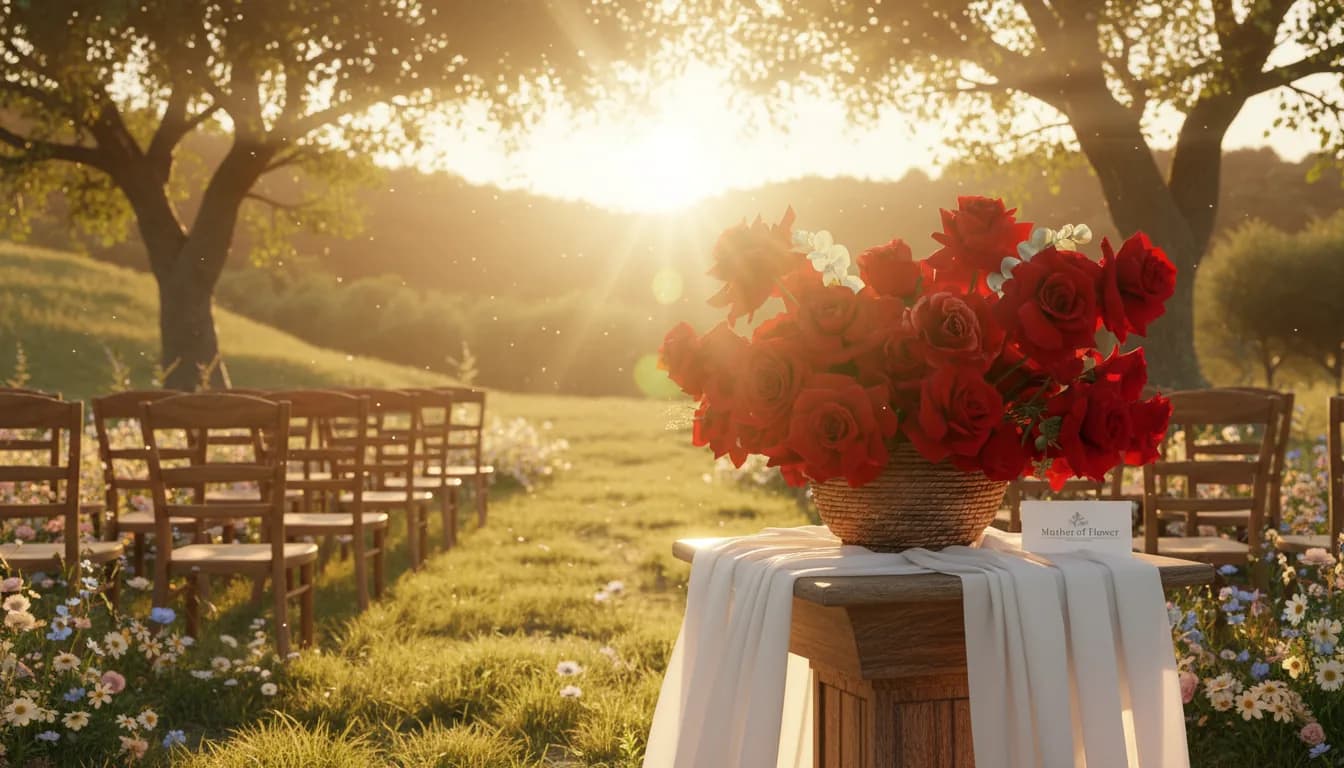 Red roses in a woven basket at an outdoor ceremony