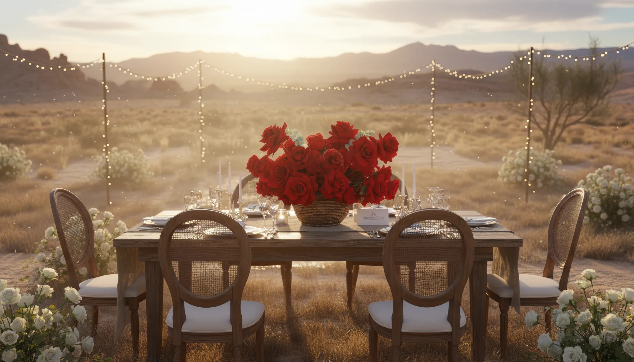 A table set for a desert dinner, centred on red roses